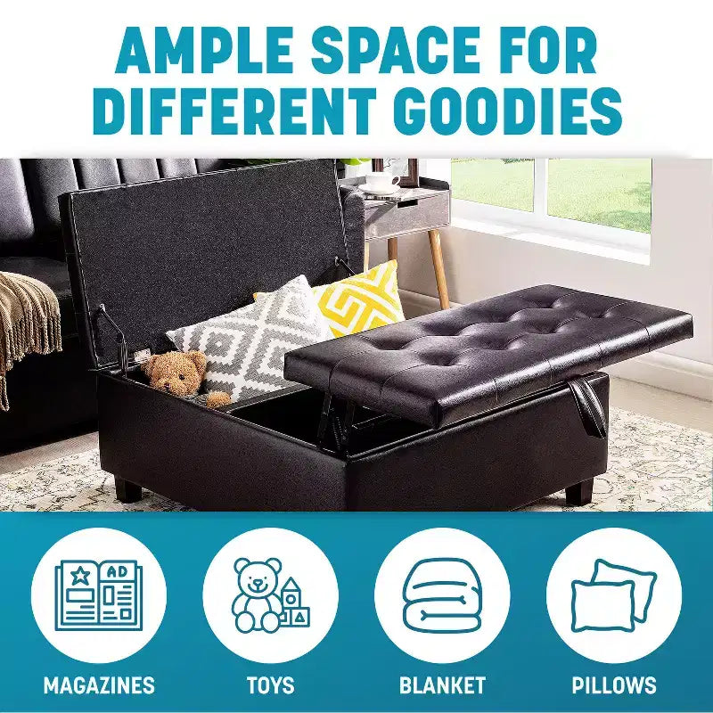 Home Imports Emporium Pouf de rangement carré, grand, en cuir capitonné, avec plateau relevable, table basse, repose-pieds et organiseur de jouets.