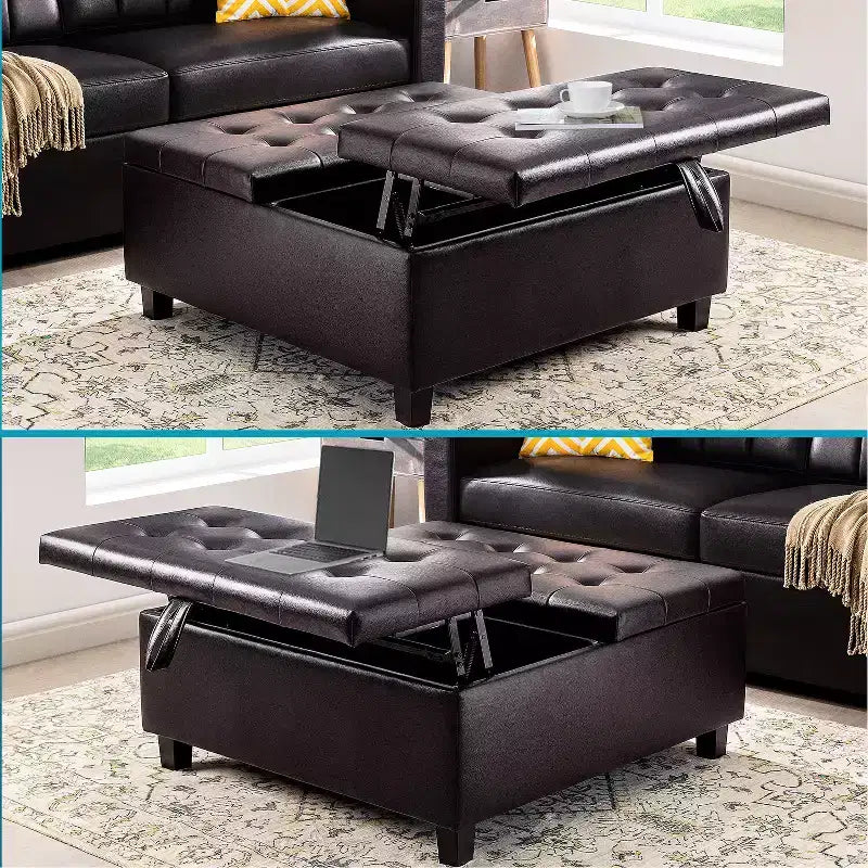 Home Imports Emporium Pouf de rangement carré, grand, en cuir capitonné, avec plateau relevable, table basse, repose-pieds et organiseur de jouets.
