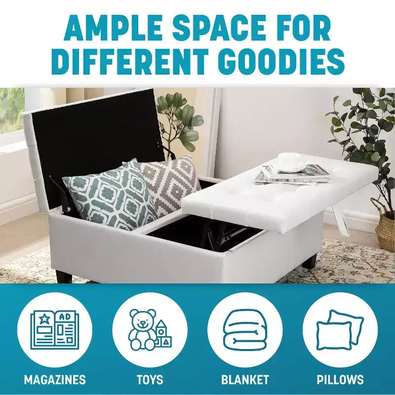 Home Imports Emporium Pouf de rangement carré, grand, en cuir capitonné, avec plateau relevable, table basse, repose-pieds et organiseur de jouets.