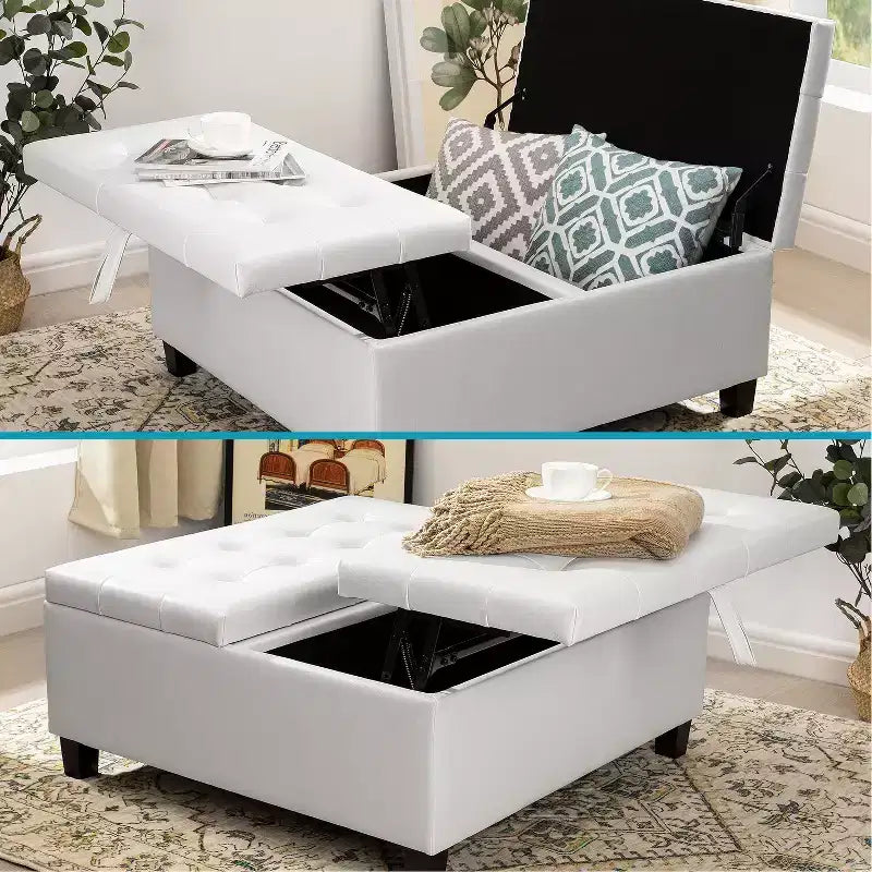 Home Imports Emporium Pouf de rangement carré, grand, en cuir capitonné, avec plateau relevable, table basse, repose-pieds et organiseur de jouets.