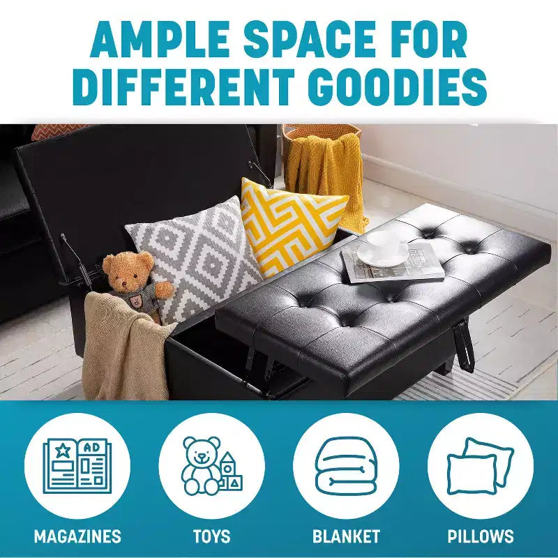 Home Imports Emporium Pouf de rangement carré, grand, en cuir capitonné, avec plateau relevable, table basse, repose-pieds et organiseur de jouets.