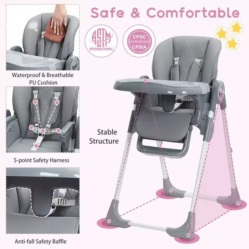 Chaise haute bébé, Chaise haute pliable pour nourrissons avec plateau amovible, Hauteur et inclinaison réglables, Chaise haute pour bébés et tout-petits