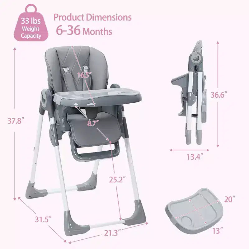 Chaise haute bébé, Chaise haute pliable pour nourrissons avec plateau amovible, Hauteur et inclinaison réglables, Chaise haute pour bébés et tout-petits