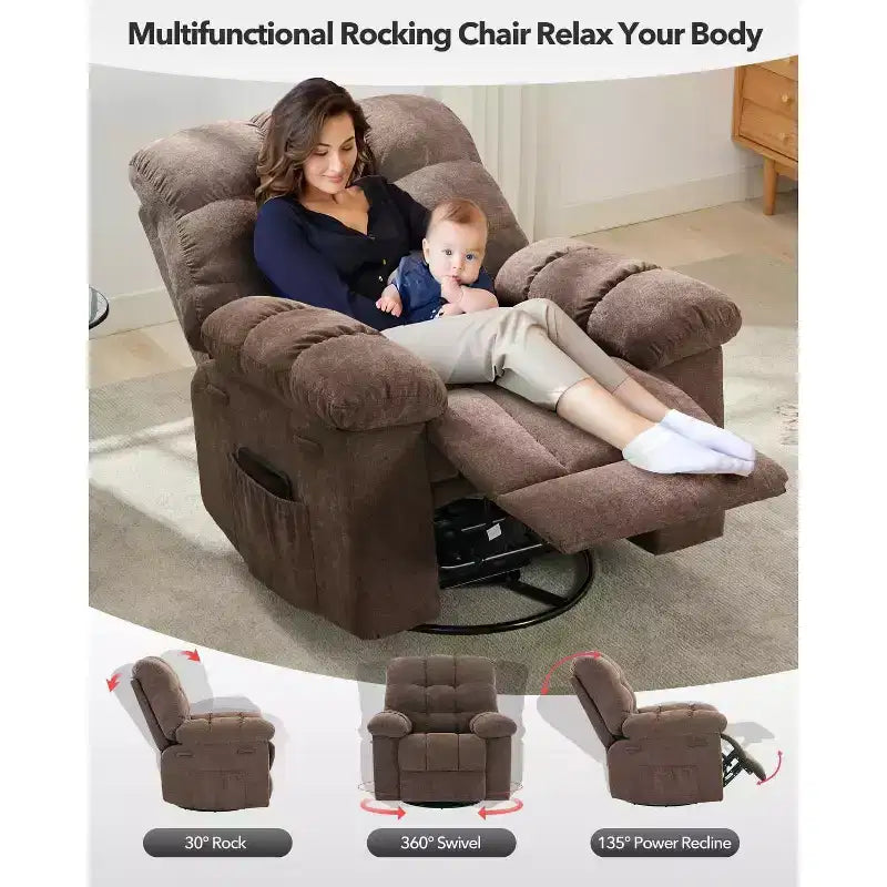Fauteuil inclinable, Fauteuil à bascule pivotant à 360° pour petits espaces, Fauteuil de crèche en tissu rembourré avec poches latérales pour salon, Cadre en acier Q235