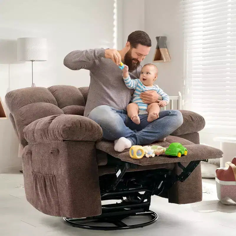 Fauteuil inclinable, Fauteuil à bascule pivotant à 360° pour petits espaces, Fauteuil de crèche en tissu rembourré avec poches latérales pour salon, Cadre en acier Q235