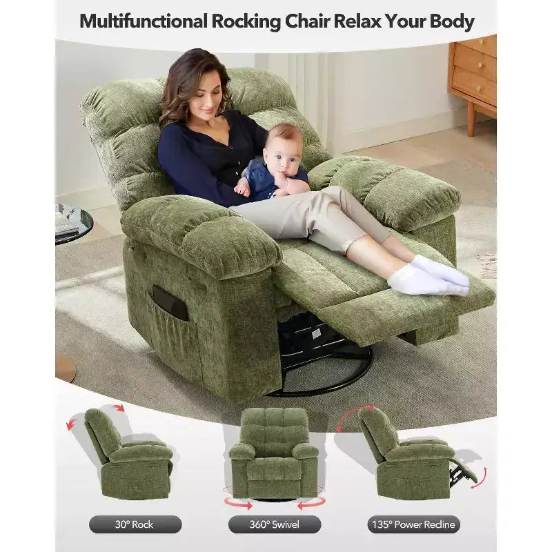 Fauteuil inclinable, Fauteuil à bascule pivotant à 360° pour petits espaces, Fauteuil de crèche en tissu rembourré avec poches latérales pour salon, Cadre en acier Q235