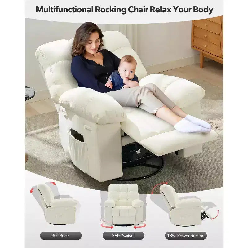 Fauteuil inclinable, Fauteuil à bascule pivotant à 360° pour petits espaces, Fauteuil de crèche en tissu rembourré avec poches latérales pour salon, Cadre en acier Q235