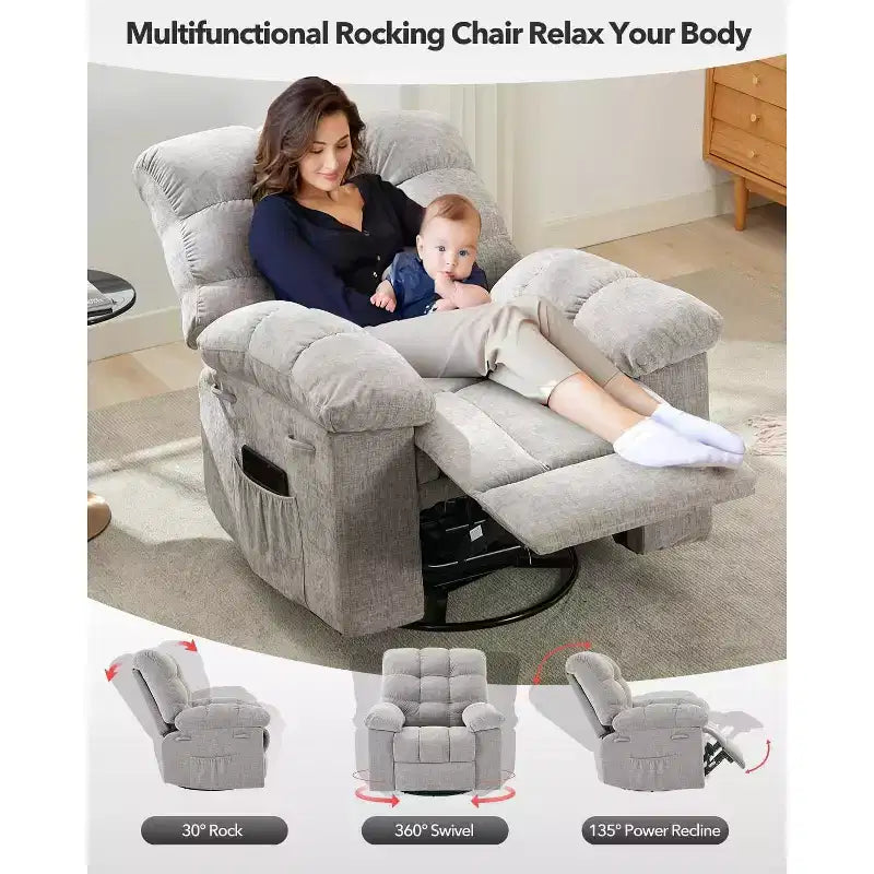 Fauteuil inclinable, Fauteuil à bascule pivotant à 360° pour petits espaces, Fauteuil de crèche en tissu rembourré avec poches latérales pour salon, Cadre en acier Q235