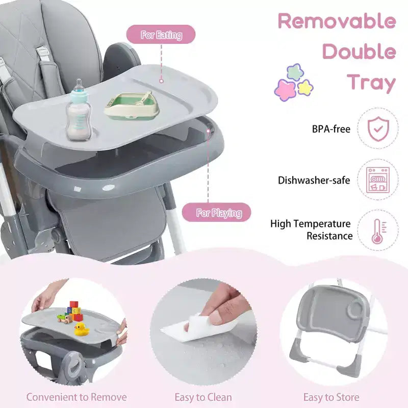 Chaise haute bébé, Chaise haute multifonctionnelle pour bébés avec hauteur et inclinaison réglables, Chaise haute pliable pour bébés et tout-petits, Chaise haute
