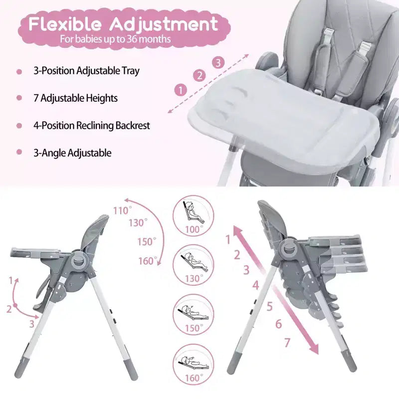 Chaise haute bébé, Chaise haute multifonctionnelle pour bébés avec hauteur et inclinaison réglables, Chaise haute pliable pour bébés et tout-petits, Chaise haute