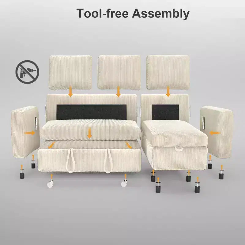 Canapé d'angle convertible en L avec dossier inclinable 81, canapé convertible avec lit gigogne, canapé de rangement réversible, assemblage sans outils