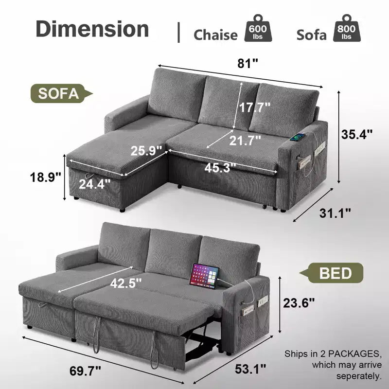 Canapé d'angle convertible en L avec dossier inclinable 81, canapé convertible avec lit gigogne, canapé de rangement réversible, assemblage sans outils
