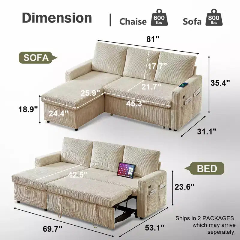 Canapé d'angle convertible en L avec dossier inclinable 81, canapé convertible avec lit gigogne, canapé de rangement réversible, assemblage sans outils
