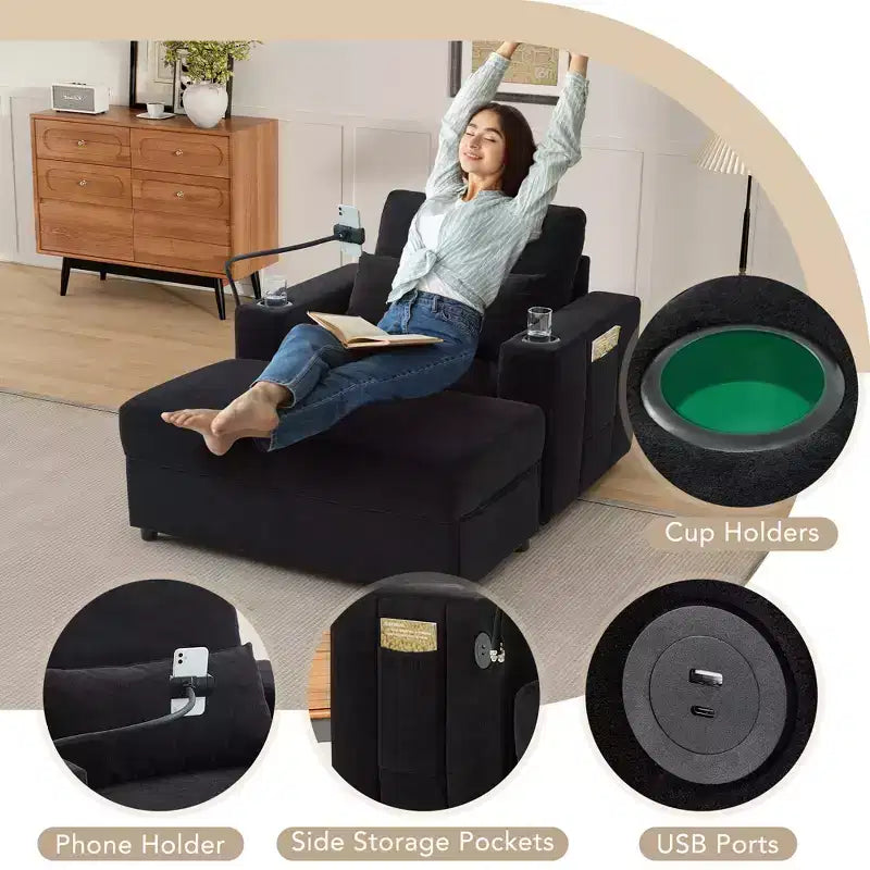 Fauteuil inclinable moderne en chenille avec pouf de rangement mobile
