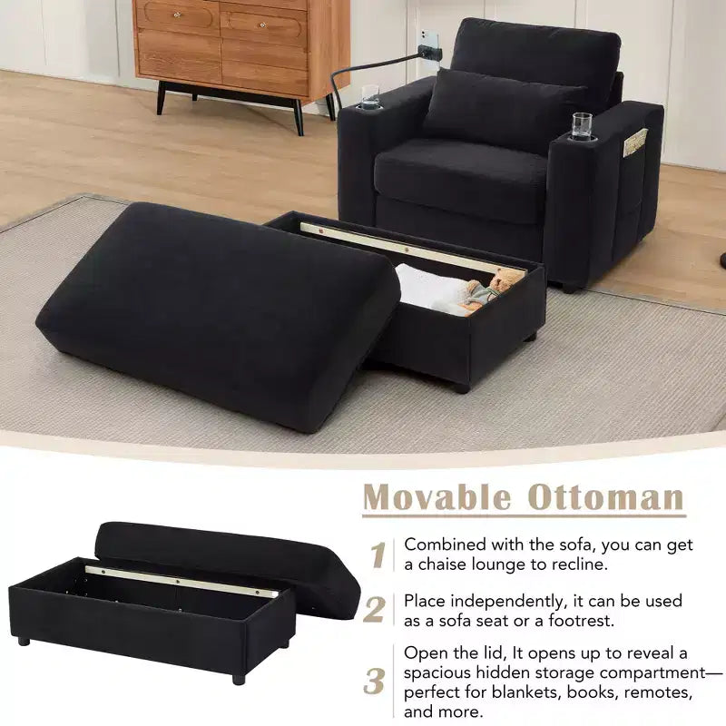Fauteuil inclinable moderne en chenille avec pouf de rangement mobile