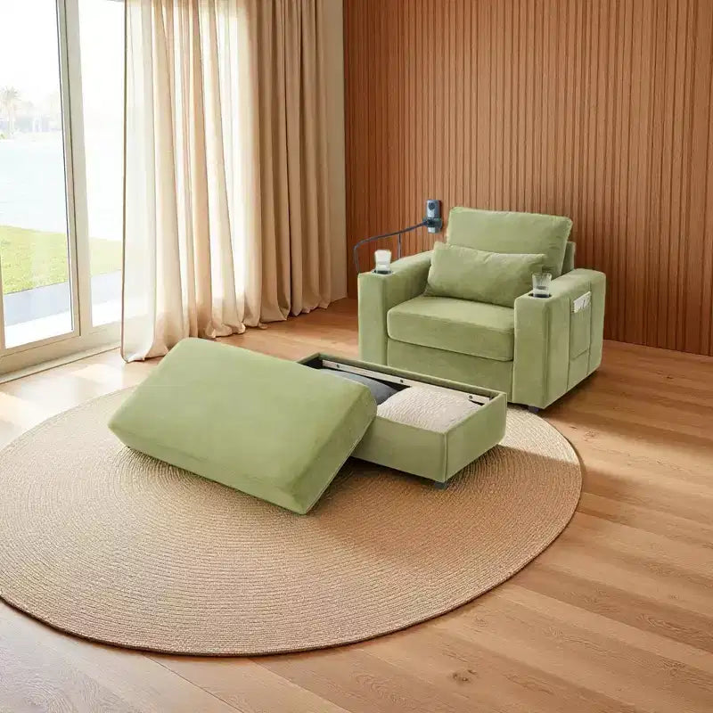 Fauteuil inclinable moderne en chenille avec pouf de rangement mobile