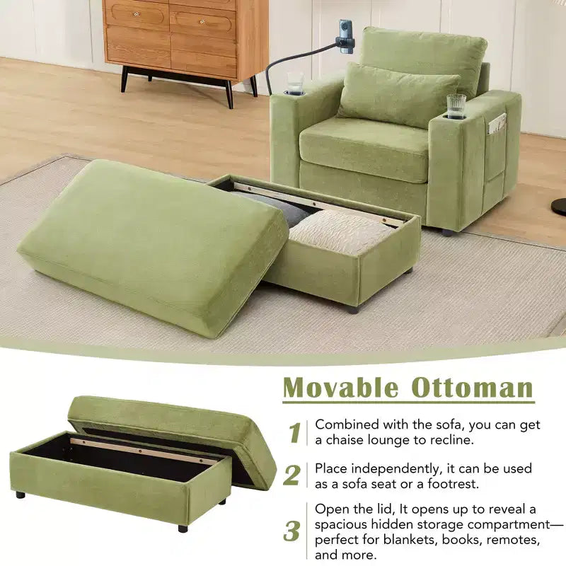 Fauteuil inclinable moderne en chenille avec pouf de rangement mobile