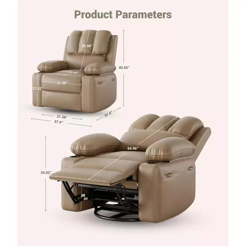 Grand fauteuil inclinable manuel en cuir avec accoudoirs confortables, porte-gobelets intégrés, largeur d'assise de 54 cm, pour la détente et le divertissement dans le salon