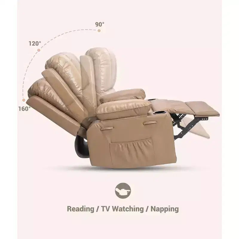 Grand fauteuil inclinable manuel en cuir avec accoudoirs confortables, porte-gobelets intégrés, largeur d'assise de 54 cm, pour la détente et le divertissement dans le salon