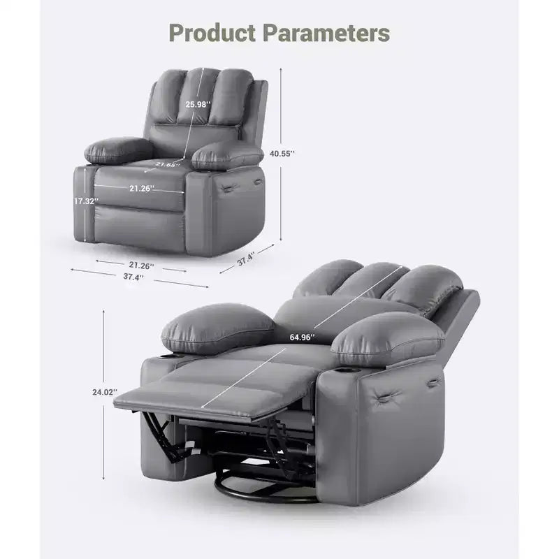 Grand fauteuil inclinable manuel en cuir avec accoudoirs confortables, porte-gobelets intégrés, largeur d'assise de 54 cm, pour la détente et le divertissement dans le salon