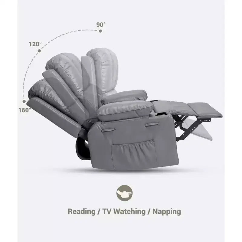 Grand fauteuil inclinable manuel en cuir avec accoudoirs confortables, porte-gobelets intégrés, largeur d'assise de 54 cm, pour la détente et le divertissement dans le salon