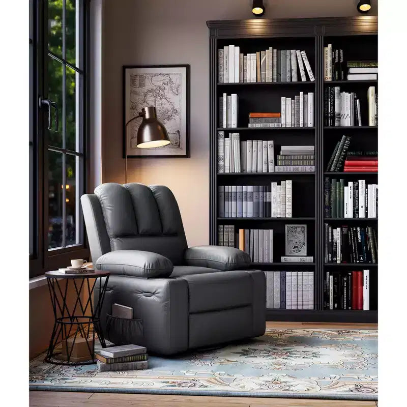 Grand fauteuil inclinable manuel en cuir avec accoudoirs confortables, porte-gobelets intégrés, largeur d'assise de 54 cm, pour la détente et le divertissement dans le salon