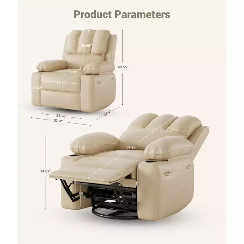 Grand fauteuil inclinable manuel en cuir avec accoudoirs confortables, porte-gobelets intégrés, largeur d'assise de 54 cm, pour la détente et le divertissement dans le salon
