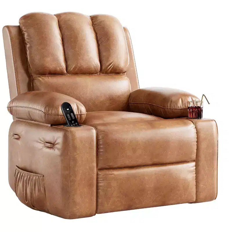 Grand fauteuil inclinable manuel en cuir avec accoudoirs confortables, porte-gobelets intégrés, largeur d'assise de 54 cm, pour la détente et le divertissement dans le salon