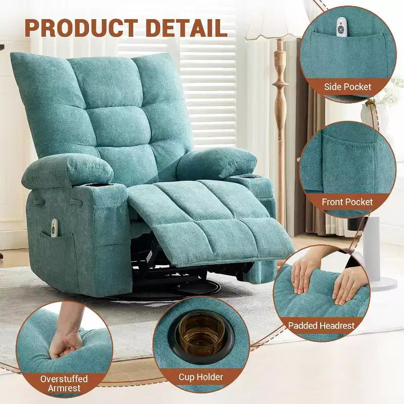 Fauteuil inclinable pivotant manuel Acekool avec massage et chauffage, fonction bascule, cuir PU épais et rembourré, coussin surdimensionné pour le soulagement du dos, pour salon