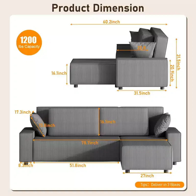 Canapé d'angle surdimensionné de 96 po avec méridienne, canapé modulable minimaliste et moderne à assise profonde pour salon