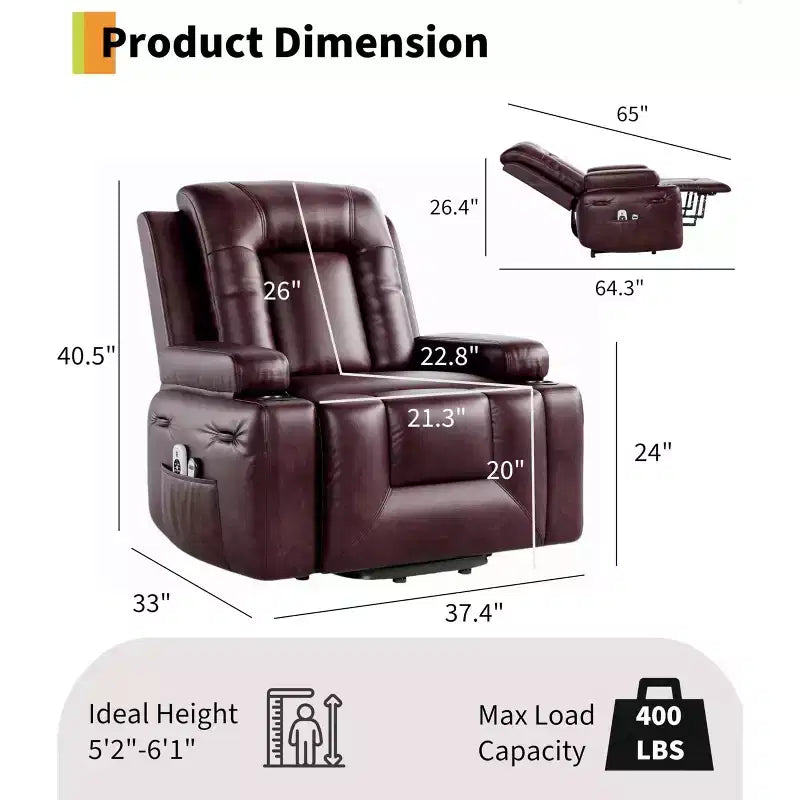 Fauteuil inclinable électrique surdimensionné avec chaleur et massage, fauteuil inclinable électrique en similicuir PU pour personnes âgées, canapé individuel avec porte-gobelet