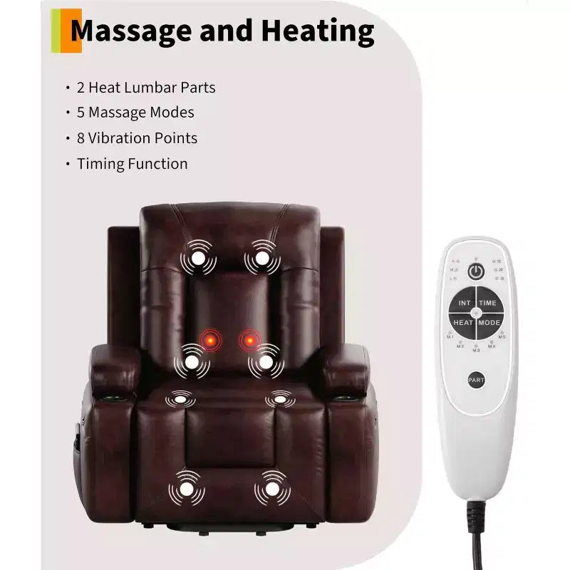 Fauteuil inclinable électrique surdimensionné avec chaleur et massage, fauteuil inclinable électrique en similicuir PU pour personnes âgées, canapé individuel avec porte-gobelet