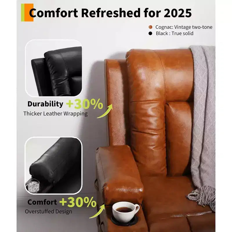 Fauteuil inclinable électrique surdimensionné avec chaleur et massage, fauteuil inclinable électrique en similicuir PU pour personnes âgées, canapé individuel avec porte-gobelet
