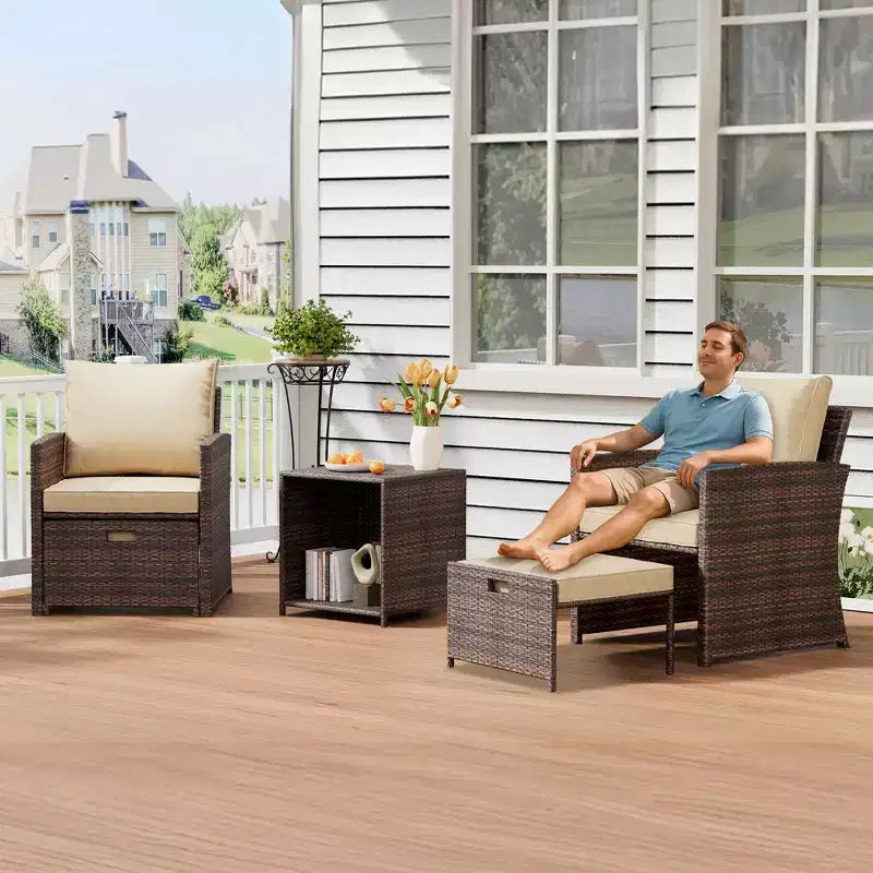 Ensemble de conversation d'extérieur 5 pièces à dossier haut avec 2 ottomans et table, chaises longues en rotin PE tout temps avec coussins moelleux, pour balcon, jardin et bord de piscine