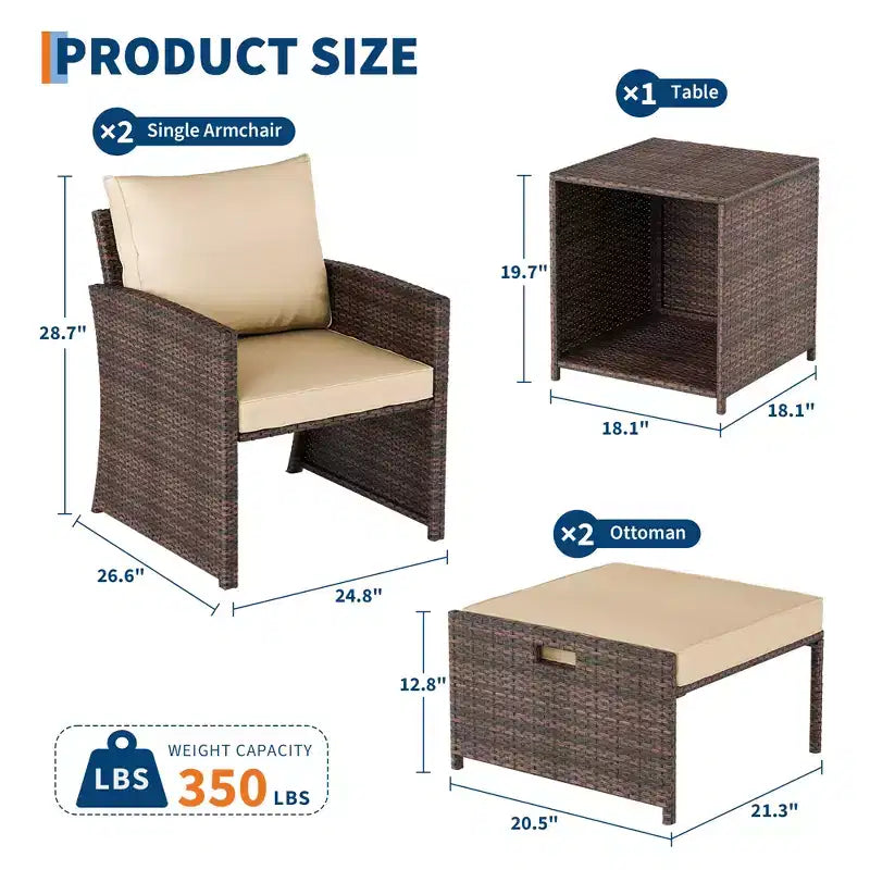 Ensemble de conversation d'extérieur 5 pièces à dossier haut avec 2 ottomans et table, chaises longues en rotin PE tout temps avec coussins moelleux, pour balcon, jardin et bord de piscine