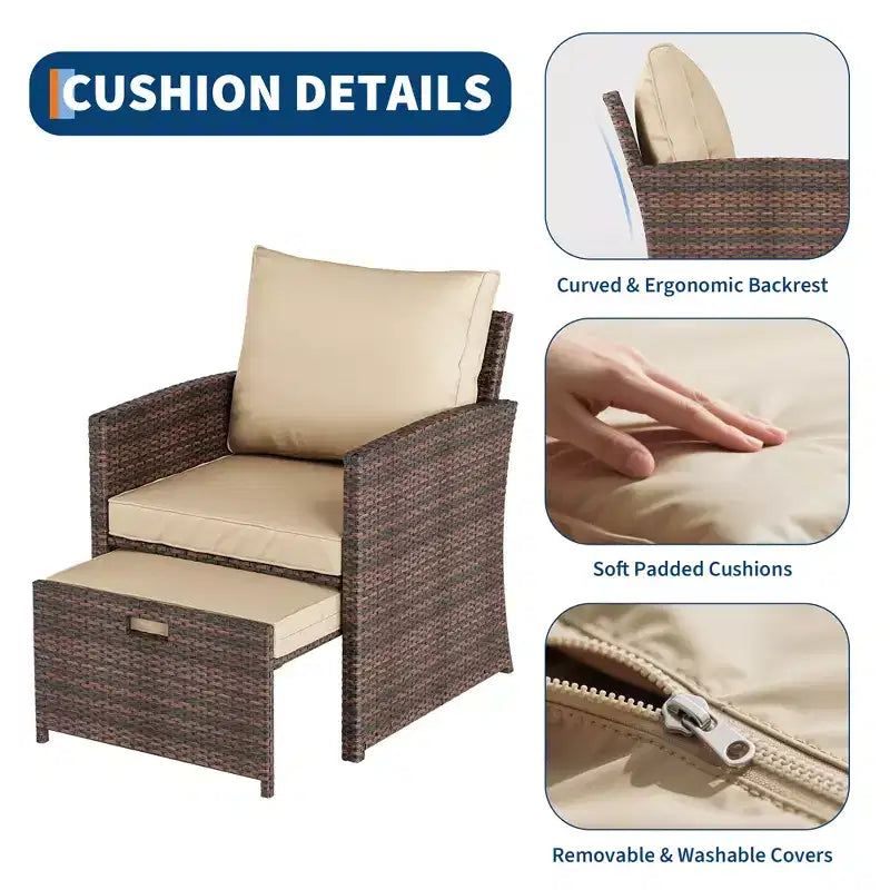 Ensemble de conversation d'extérieur 5 pièces à dossier haut avec 2 ottomans et table, chaises longues en rotin PE tout temps avec coussins moelleux, pour balcon, jardin et bord de piscine