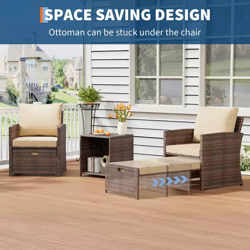 Ensemble de conversation d'extérieur 5 pièces à dossier haut avec 2 ottomans et table, chaises longues en rotin PE tout temps avec coussins moelleux, pour balcon, jardin et bord de piscine
