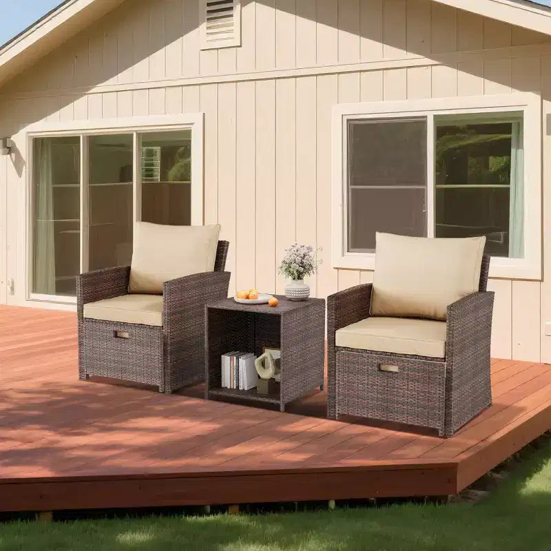 Ensemble de conversation d'extérieur 5 pièces à dossier haut avec 2 ottomans et table, chaises longues en rotin PE tout temps avec coussins moelleux, pour balcon, jardin et bord de piscine