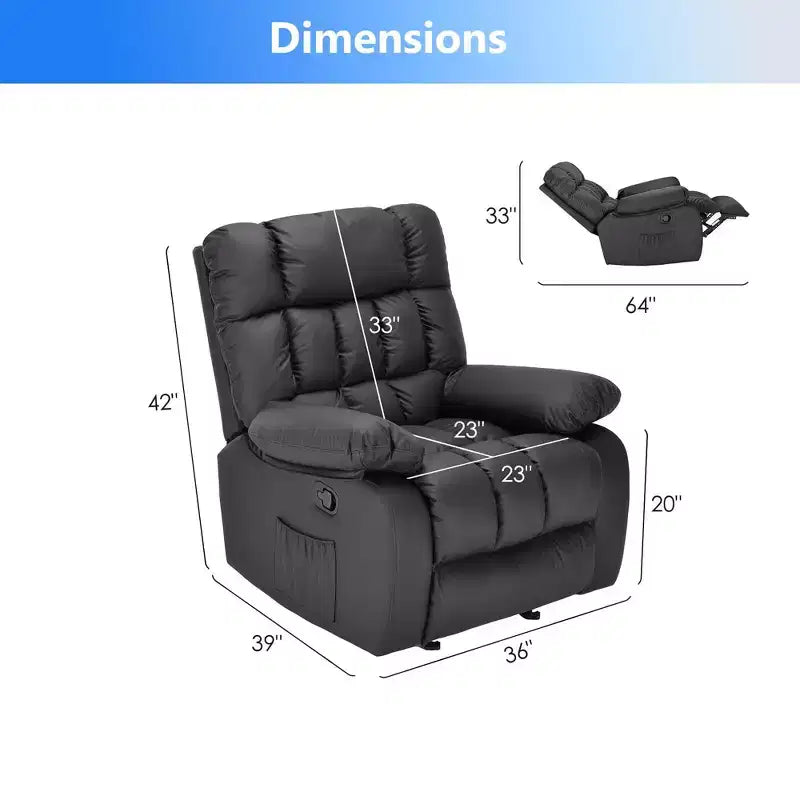 Fauteuil inclinable ergonomique avec repose-pieds et pochette latérale, inclinaison réglable de 110 à 160°, pour salon, noir