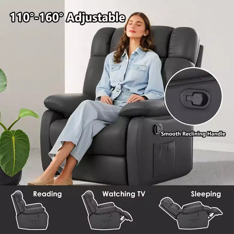Fauteuil inclinable ergonomique avec repose-pieds et pochette latérale, inclinaison réglable de 110 à 160°, pour salon, noir