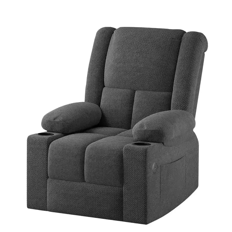 Fauteuil inclinable électrique gris avec massage, chaleur, ports USB et porte-gobelets, pour le confort des personnes âgées
