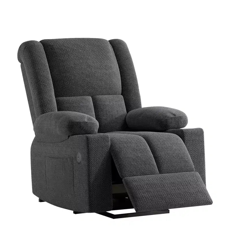 Fauteuil inclinable électrique gris avec massage, chaleur, ports USB et porte-gobelets, pour le confort des personnes âgées