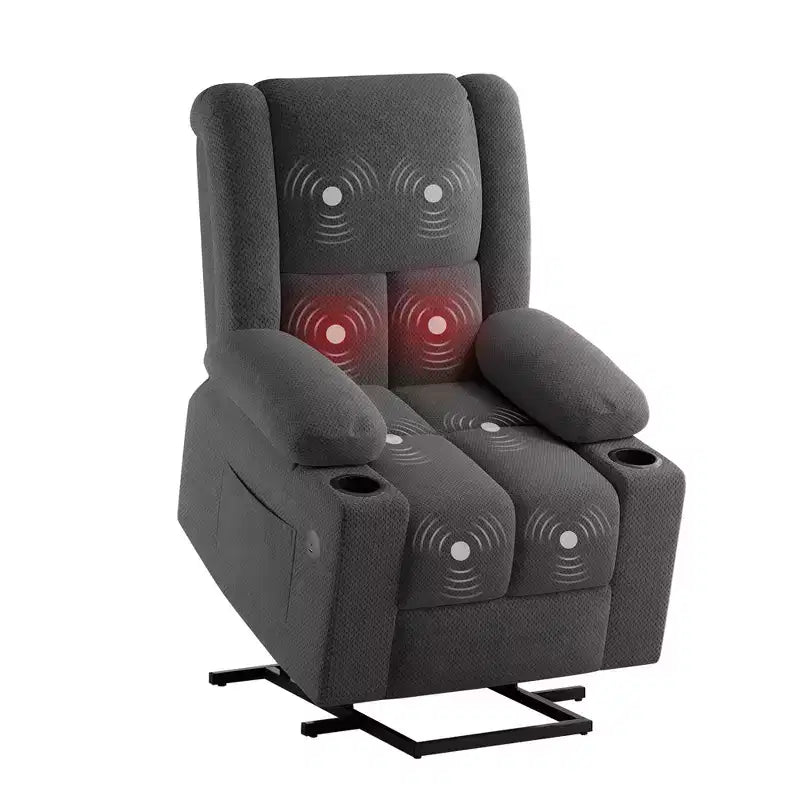 Fauteuil inclinable électrique gris avec massage, chaleur, ports USB et porte-gobelets, pour le confort des personnes âgées