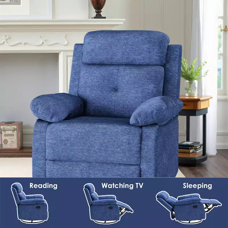 Fauteuil inclinable berçant pivotant bleu de petite taille, design compact pour femmes, convient pour chambre et salon