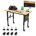 48/60 Workbench, Heavy Duty Rubber Wood Top with Pegboard Hooks, Power Outlet, 4 Lockable Wheels, Adjustable Height