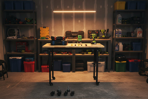 48/60 Workbench, Heavy Duty Rubber Wood Top with Pegboard Hooks, Power Outlet, 4 Lockable Wheels, Adjustable Height