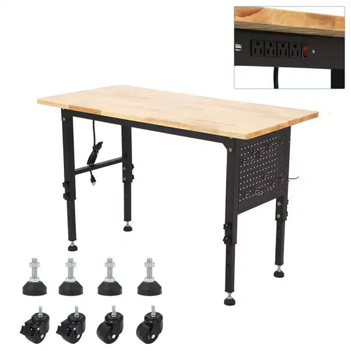 Établi 48/60, plateau en bois d'hévéa robuste avec crochets pour panneau perforé, prise de courant, 4 roulettes verrouillables, hauteur réglable
