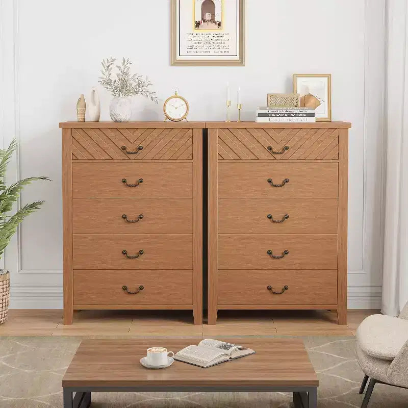 Commode à 5 tiroirs pour chambre à coucher, commode en bois avec design en V, grand meuble de rangement pour salon, chambre d'enfant, entrée