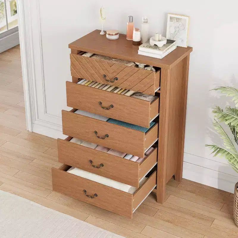 Commode à 5 tiroirs pour chambre à coucher, commode en bois avec design en V, grand meuble de rangement pour salon, chambre d'enfant, entrée