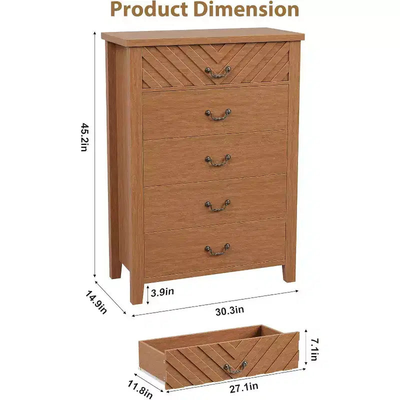 Commode à 5 tiroirs pour chambre à coucher, commode en bois avec design en V, grand meuble de rangement pour salon, chambre d'enfant, entrée